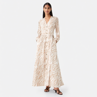 Nouvelle Robe Chemise Longue Femme Imprimé Zèbre Col V Manches Longues Boutonnée Ceinturée Coupe Trapèze Style Bohème Décontracté
