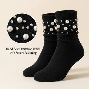 Chaussettes Slouch en Coton Épais et Chaud pour Femme, Style Coréen, avec Logo Personnalisé, Certifiées OEKO-TEX 100, Ornées de Perles et Strass, Vente en Gros - Product Image 1