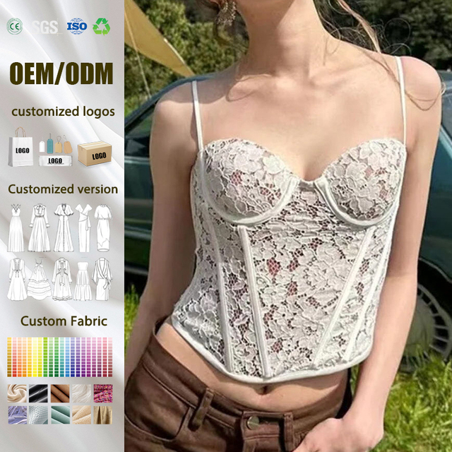 Women's Ivory Lace Wired Corset Strapless Sexy Casual Short Breathable Full Lined Cupped Tank Top Lace Trims Solid Pattern