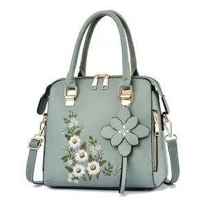 Hot Sale cute luxury big fashion shoulder ladies blue floral embroidery designs leather women hand bags