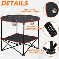 Table de pique-nique pliante portable ronde avec sac de rangement, 4 porte-gobelets, 2 niveaux, mobilier d'extérieur, plage, métal noir