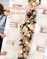 Assiettes en plastique rondes réutilisables personnalisables, couleur ivoire, avec bordure florale dorée, design élégant pour fêtes et mariages
