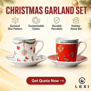 Juego de Tazas y Platos de Porcelana Moderna LEXI, Duraderos, Navideños, 6 Colores Personalizables, Logotipo, Diseño de Guirnalda y Estrellas, para el Hogar y las Fiestas - Product Image 2