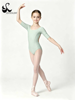 Maillot de Ballet Anna Shi Verde Menta con Mangas 3/4 para Niñas, Traje de Danza Profesional de Nailon para Entrenamiento de Gimnasia Infantil