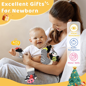 V432 Set di Sonagli <span class=keywords><strong>da</strong></span> Polso e Calzini con Animali Carini, Giocattoli per Neonati 0-12 Mesi in Bianco e Nero ad Alto Contrasto - Product Image 4