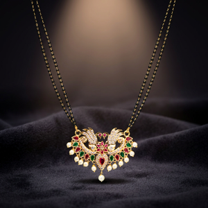 Collar con Colgante de Aniversario para Mujer, Diseño Clásico Chapado en Oro, Cadena de Eslabones con Mangalsutra de Pavo Real Antiguo - Product Image 2