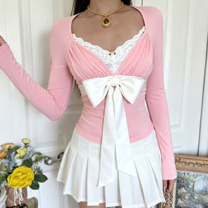 Camiseta de Punto de Manga Larga con Bloques de Color, Lazo, Encaje y Diseño de Dos Piezas Falsas, Estilo Dulce y Casual para Mujer - Product Image 3