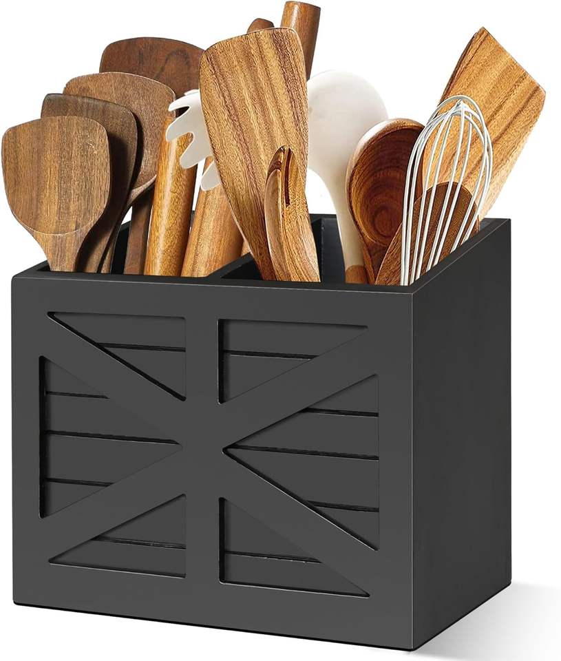 Wooden Cutlery Rack, Cutlery Storage Rack Black Cutlery Rack with 2 ...
