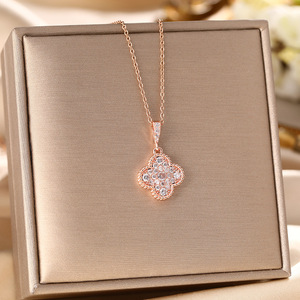 Collar de trébol de acero inoxidable de circón chapado en oro de 18 quilates para mujer, cadena de eslabones con patrón Floral a la moda, joyería de moda, Bisutería - Product Image 3
