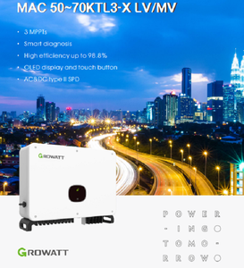 Convertisseur solaire triphasé Growatt MAC 50-70KTL3-X LV/MV pour raccordement au réseau, efficacité élevée à 98,8 %, pour installation solaire sur toit d'entrepôt - Product Image 2