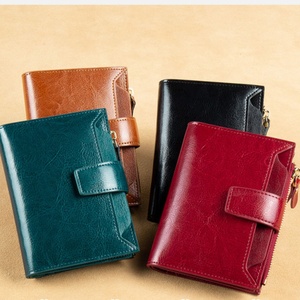 2022 Luxury Vintage Genuine Leather RFID Blocking Open Closure Short Women Card Holder Wallet Polyester Lining Thread Pattern - Product Image 2