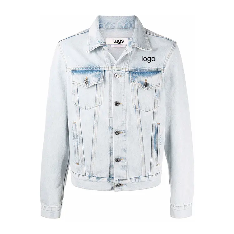 New Fashionable Customized LOGO Mens Streetwear Bleached Washing Faded Light Blue Denim Jacket