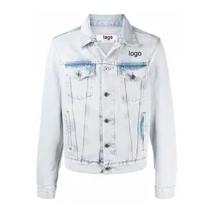 New Fashionable Customized LOGO Mens Streetwear Bleached Washing Faded Light Blue Denim Jacket