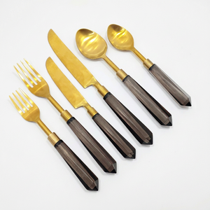 Shiny <b>Gold</b> Stainless Steel Flatware <b>Set</b> with Smoky Black Lucite Handle | Luxury <b>Cutlery</b> for Home Dining Restaurants & Catering - Product Image 1