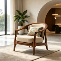 Nouveau fauteuil d'appoint en bois massif de style chinois, avec cadre incurvé et revêtement en tissu, pour villa, hôtel, salon