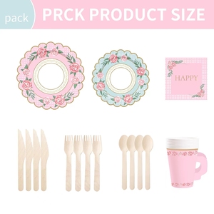 ชุดถ้วยน้ำชา จานรอง กระดาษเช็ดปาก ถ้วยชาและจานรองพร้อมหูจับ สำหรับงานเลี้ยงวันเกิดเจ้าหญิง ตกแต่งงานฉลองวันเกิดเด็ก ลายดอกไม้ - Product Image 5