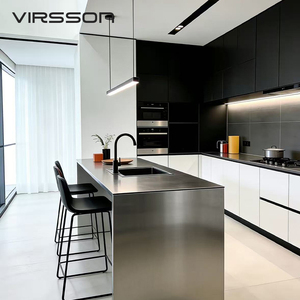 Meubles de cuisine modulaires modernes en acier inoxydable avec évier et crédence, portes en contreplaqué pour appartement - Product Image 3