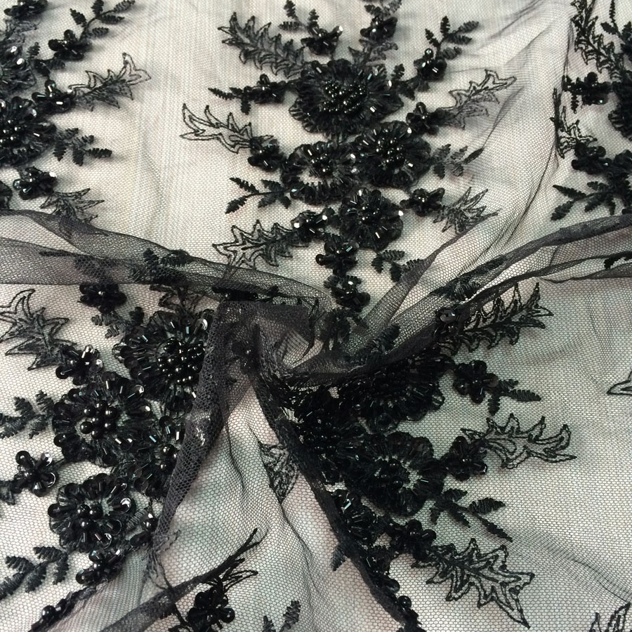 Новейшая модная вышивка, новый дизайн, черные блестки и бисеры, тюль, кружевная ткань для вечернего платья