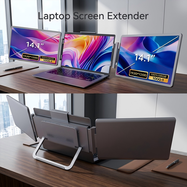 14 Inch Dual Portable Monitor FHD IPS Laptop Screen Extender Tri-Screen for Laptop with Foldable Dual Screen Extender Support