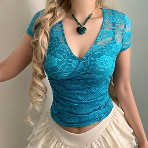 ชุดเซ็ตเสื้อยืดซีทรูแต่งลูกไม้สองชิ้น เสื้อแขนสั้นน้ำหนักเบา สไตล์ลำลองสำหรับผู้หญิง ชุดเลเยอร์ใส่ซ้อนกันได้ ชุดเข้าเซ็ตทรงเข้ารูปสำหรับฤดูร้อน - Product Image 1