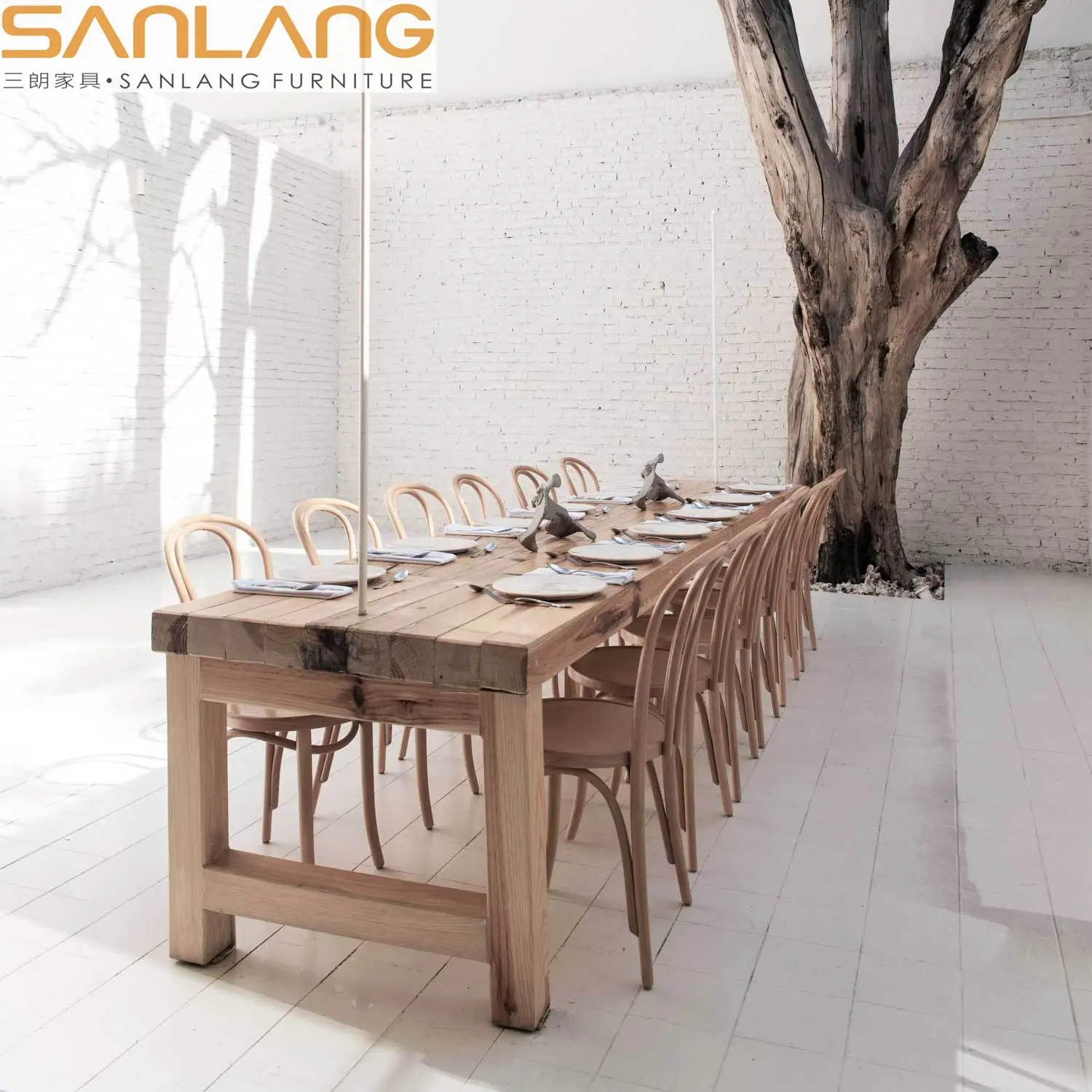 Risamfoshan — ensemble de table à manger de luxe, table ronde en osier et bois, chaises pour événements, hôtel, vente en gros