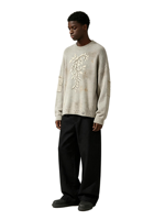 Pull tricoté à capuche épais effet vieilli, délavé vintage, délavé soleil, délavé à l'acide, effet salissures, streetwear, broderie strass, homme