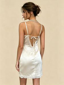 SWEET BABE Satin Mini <b>Dress</b> Deep V Neck Lace Trim Spaghetti Strap Bodycon Fitted Party Wear Custom Made - Product Image 3