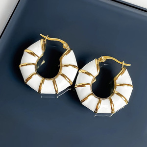 Bamboo Texture Enamel <b>Ear</b> <b>Cuff</b> For Women Polygon Hoop <b>Earrings</b> French Style Chinese Inspired Fashion Jewelry - Product Image 1
