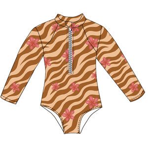 Traje de Baño de una Pieza para Niñas, Diseño Floral Verde Oliva, Manga Larga, Transpirable, con Cierre, para Playa, Verano - Product Image 4