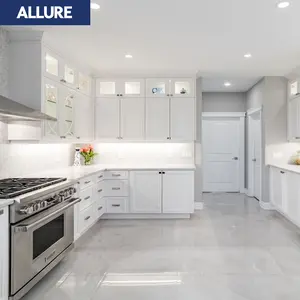 Allure terbaru desain klasik penyimpanan otomatis Millwork kayu Solid produsen akrilik kustom dapur kabinet pulau