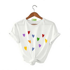 Camiseta de Jersey con Estampado de Corazones Coloridos para Mujer, Talla Grande, Cuello Redondo, Corte Holgado, Informal, Transpirable, Top de Verano, 100% Algodón - Product Image 1