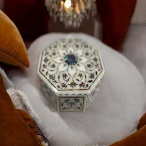 Elegant White Marble Jewelry <b>Box</b> Handcrafted with <b>Floral</b> Pietra Dura Inlay Work Decorative Storage Case Gift Export Quality - Product Image 2