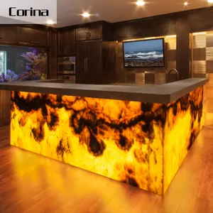 Custom Co Rian Translucent Onyx Marble Stone Illuminated Bar Luminous Bar Western Style Bar Counters Design