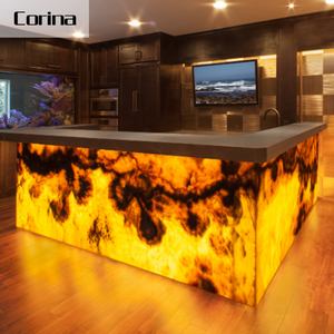 Design <span class=keywords><strong>Bancone</strong></span> <span class=keywords><strong>Bar</strong></span> Su Misura in Stile Occidentale, Illuminato e Luminoso, in Pietra di Marmo Onice Traslucido Corian - Product Image 1