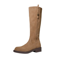 Fermeture à glissière avec boucle décorative, tige haute, bout rond, cuir véritable, hauteur genou