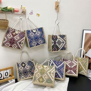 Bolsa de Almuerzo de Lona Estilo Étnico para Mujer, Bolso Tejido a Rayas, Bolsa de Mano Portátil Tipo Bento para Oficina, Picnic al Aire Libre - Product Image 6