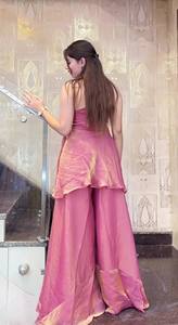 Pink Shimmer Woven Satin Silk Salwar Kameez Set Halter Neck Peplum Quick Dry <b>Bollywood</b> Women <b>Outfit</b> Wedding Party - Product Image 4