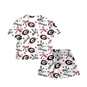 Précommande MOQ 5 Tenues d'été pour filles avec nœuds à motifs écussonnés, thème équipes de football, en Spandex doux/Coton biologique, style boutique tendance, vente en gros - Product Image 3