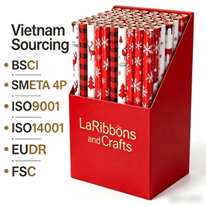 Lot de 4 rouleaux de papier cadeau de Noël en gros, motifs sapin, flocon de neige et élan, avec boîte de présentation PDQ pour la vente au détail - Product Image 1