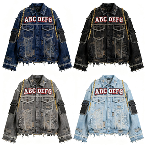 2026 OEM Custom Heavyweight Stand Eco-Friendly Waterproof Windproof Bomber <b>Jacket</b> <b>Mens</b> Vintage Distressed Ripped Washed - Product Image 4