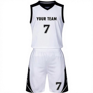 Kit d'uniformes de basketball personnalisés blanc et noir, imprimés par transfert thermique, nom et numéro de l'équipe 7, unisexe adulte, respirant et anti-humidité, service OEM - Product Image 1