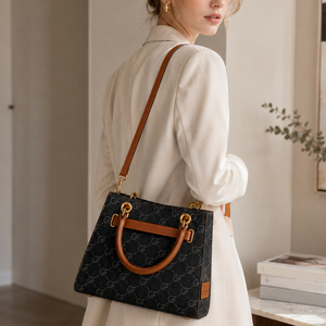 Custom Women Tote Handbag Black Printed Canvas PU Leather Trim Large Capacity <b>Top</b> Handle Shoulder Bag For Wholesale - Product Image 2