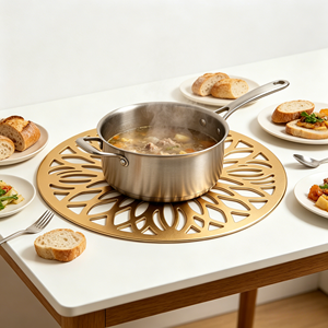 Sous-<span class=keywords><strong>plat</strong></span> rond moderne et élégant en aluminium doré mat, motif floral, résistant à la chaleur, pour table à manger et cuisine, décoratif - Product Image 3