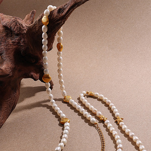 Conjunto de Collar de Perlas de Agua Dulce, Cuentas Ovaladas Blancas, Diseño de Vida Marina Chapado en Oro, para Uso Diario de Mujeres - Product Image 2