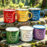 Tasses à café et à lait en émail personnalisables avec logo, 8oz, 12oz, 16oz, 24oz, pour le camping en plein air, écologiques, en acier émaillé avec bord en acier inoxydable