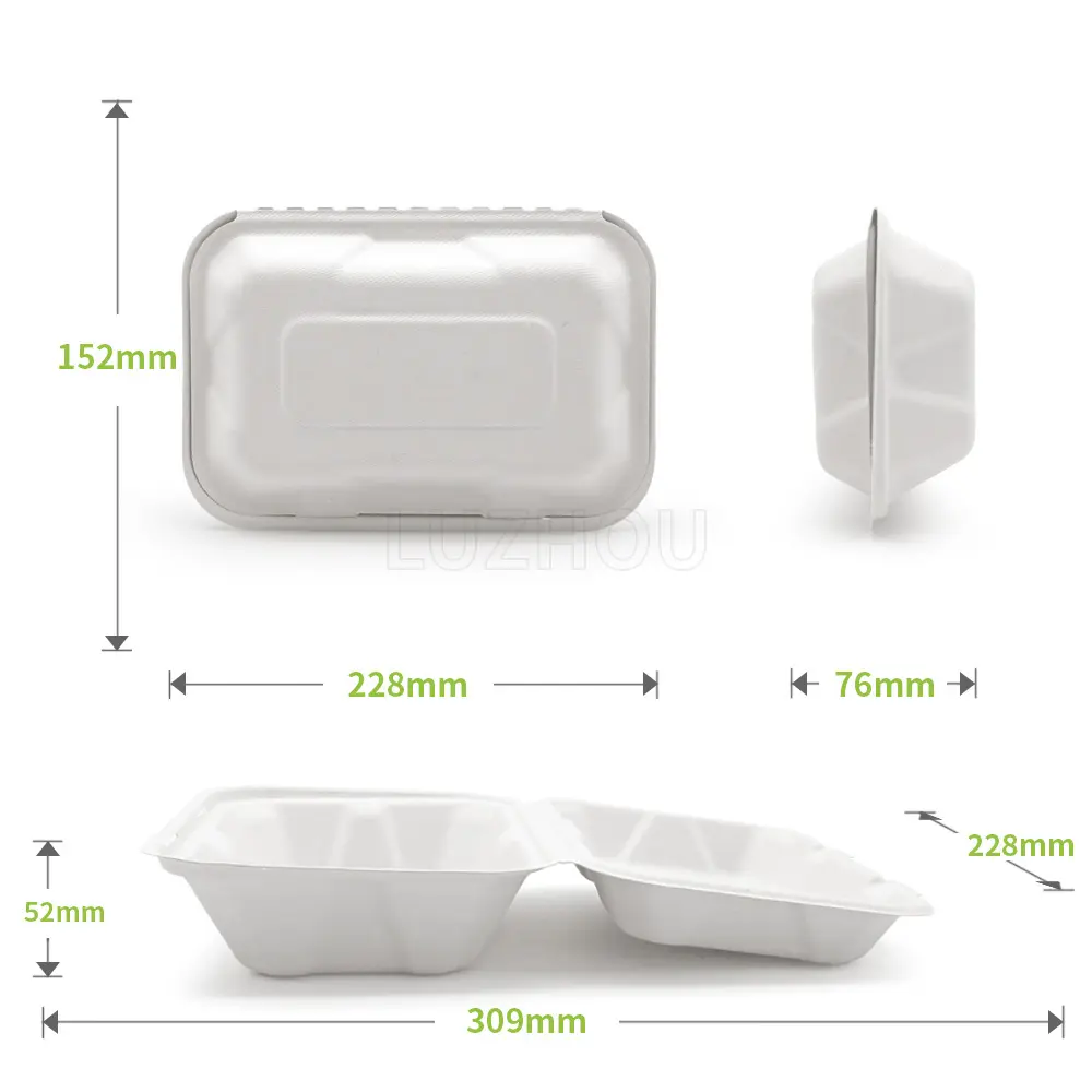 850ml 9" Microwavable Greaseproof Biodegradable Bagasse Togo Container Take Away Food Packaging Lunch Box for Restaurant