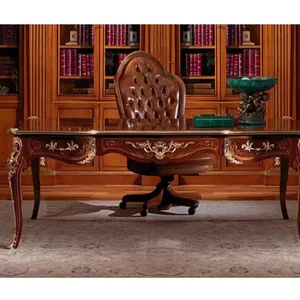 Elegant British Style Luxury office table desk with chesterfield cow leather chair Classic red oak wooden curved office table