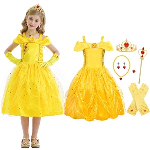 Halloween <span class=keywords><strong>Cosplay</strong></span> bambine con spalle scoperte Ruffle Belle Princess Costume Dress up festa di compleanno paillettes Princess Belle Dress - Product Image 1