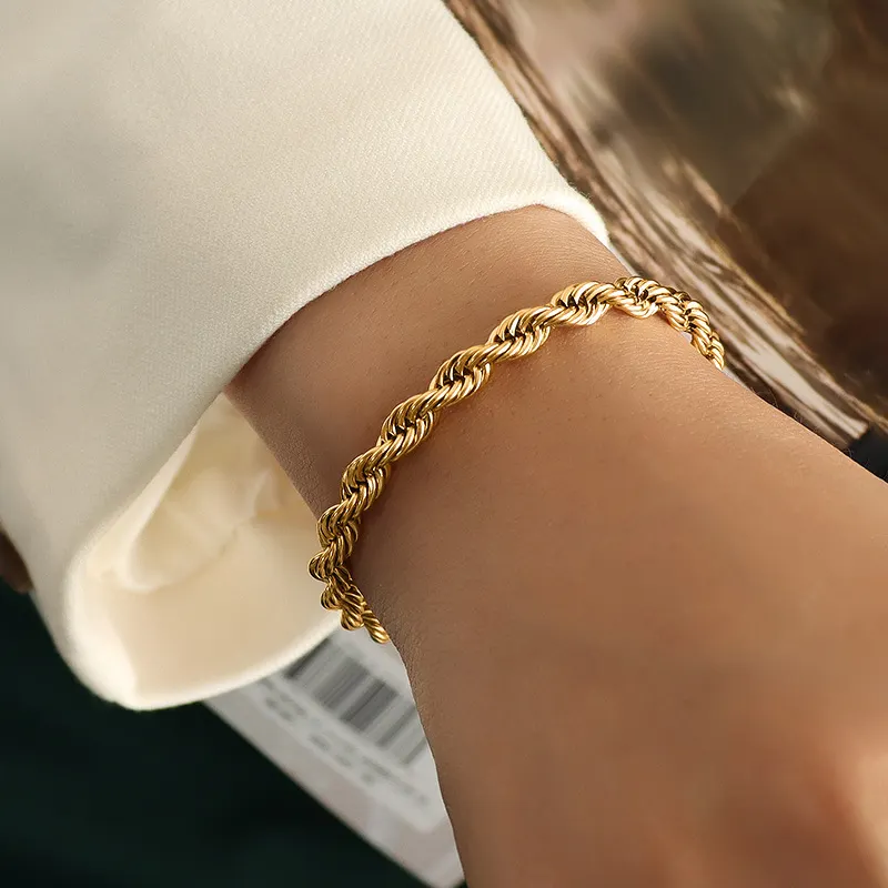 Minimalist Trendy Jewelry 5MM Stainless Steel 18K Gold Plated Thick Twisted Rope Chain Bracelet for Women