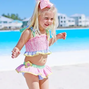 Großhandel Custom Seer sucker Daisy Bikini Monogramm Zweiteiliger Badeanzug Mädchen Badeanzug